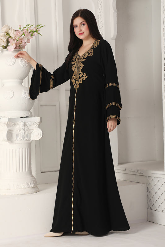 Black Gold Embroidered Modest Maxi Dress