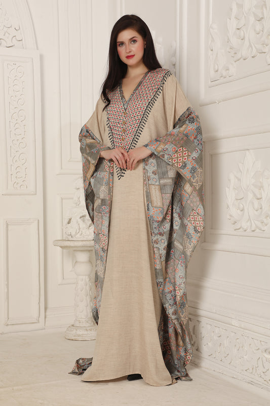 Beige Printed Kaftan with Designer Contrast Sleeve Panels