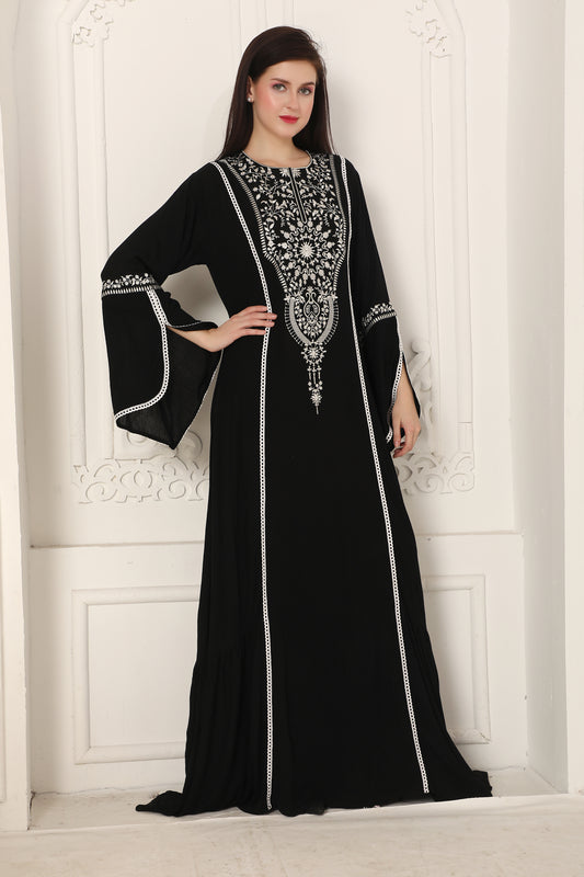 Black Statement Kaftan with White Thread Embroidery Detailing