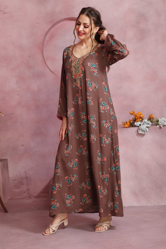 Designer Brown Alpine Kaftan with Floral Print and Embroidered Neckline – Party Wear