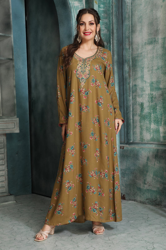 Designer Beige Kaftan in Alpine Fabric with Floral Print and Embroidered Neckline