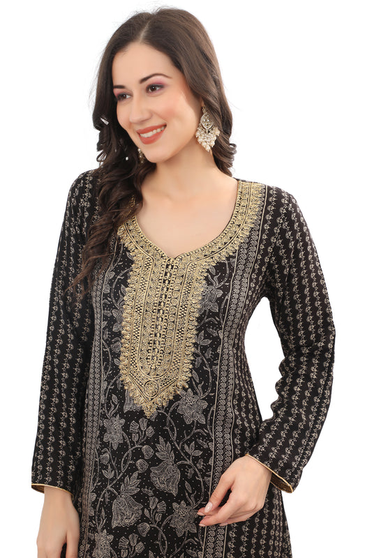 Designer Black Kaftan in Alpine Fabric with Intricate Embroidery – Party Wear