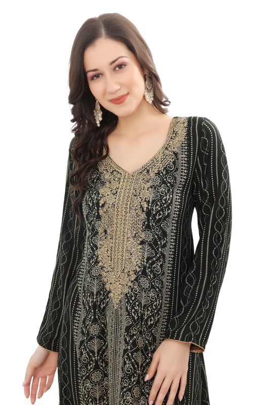 Designer Bottle Green Kaftan in Alpine Fabric with Intricate Embroidery – Festive Outfit