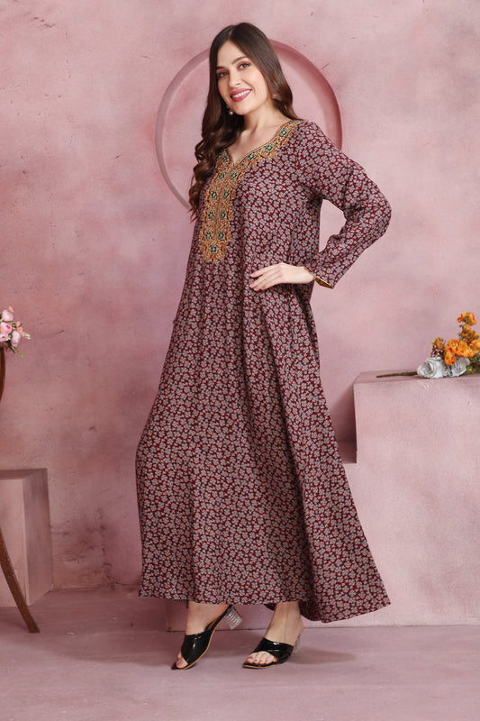 Designer Burgundy Kaftan in Alpine Fabric with Floral Print and Embroidered Neckline