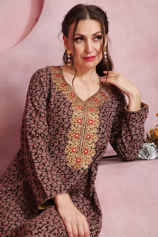 Designer Brown Alpine Kaftan with Floral Print and Embroidered Neckline – Party Wear Dress