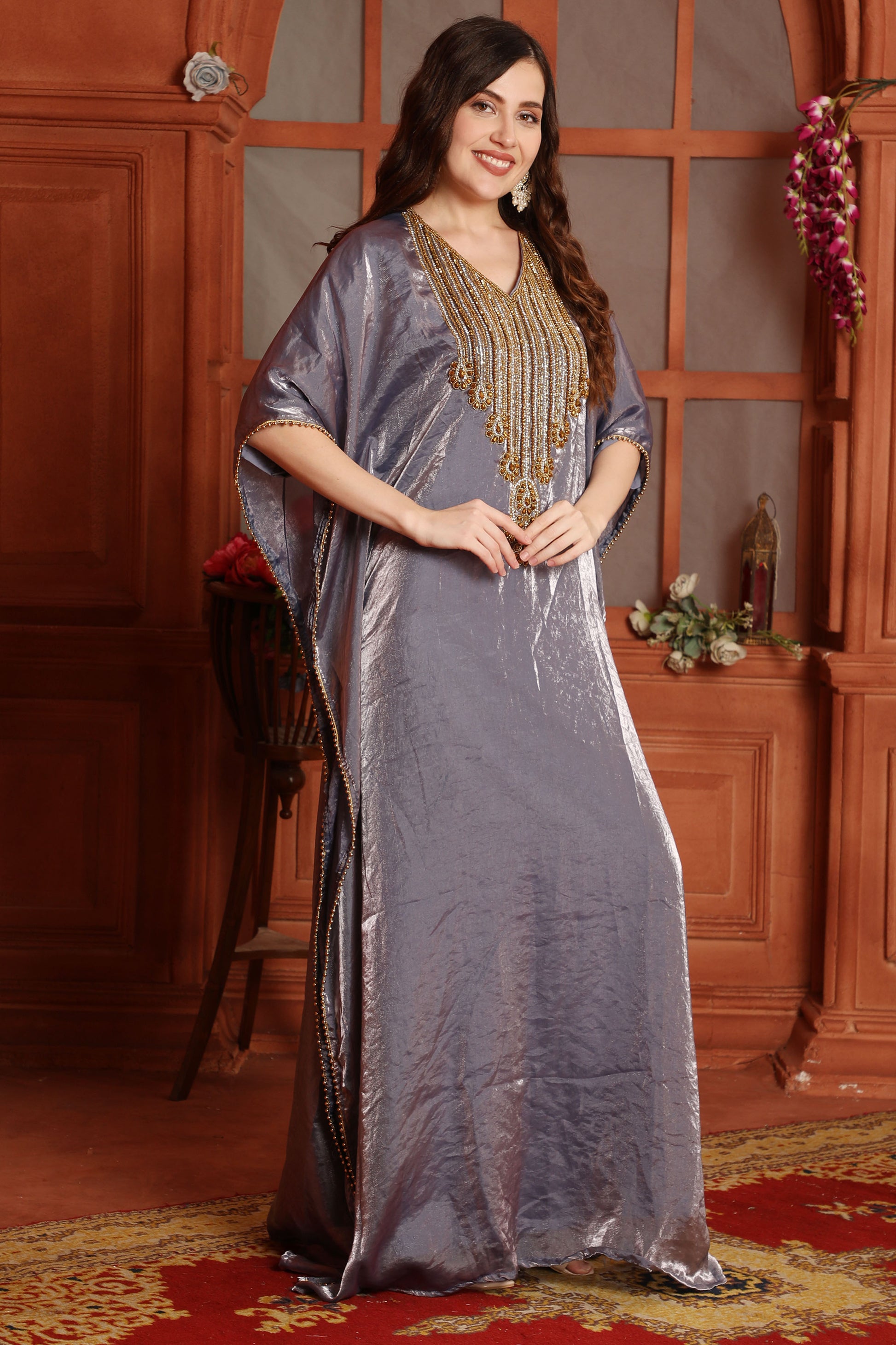 Women’s Luxury Metallic Purple Kaftan with Golden Embroidery in Premium Fendi Organza