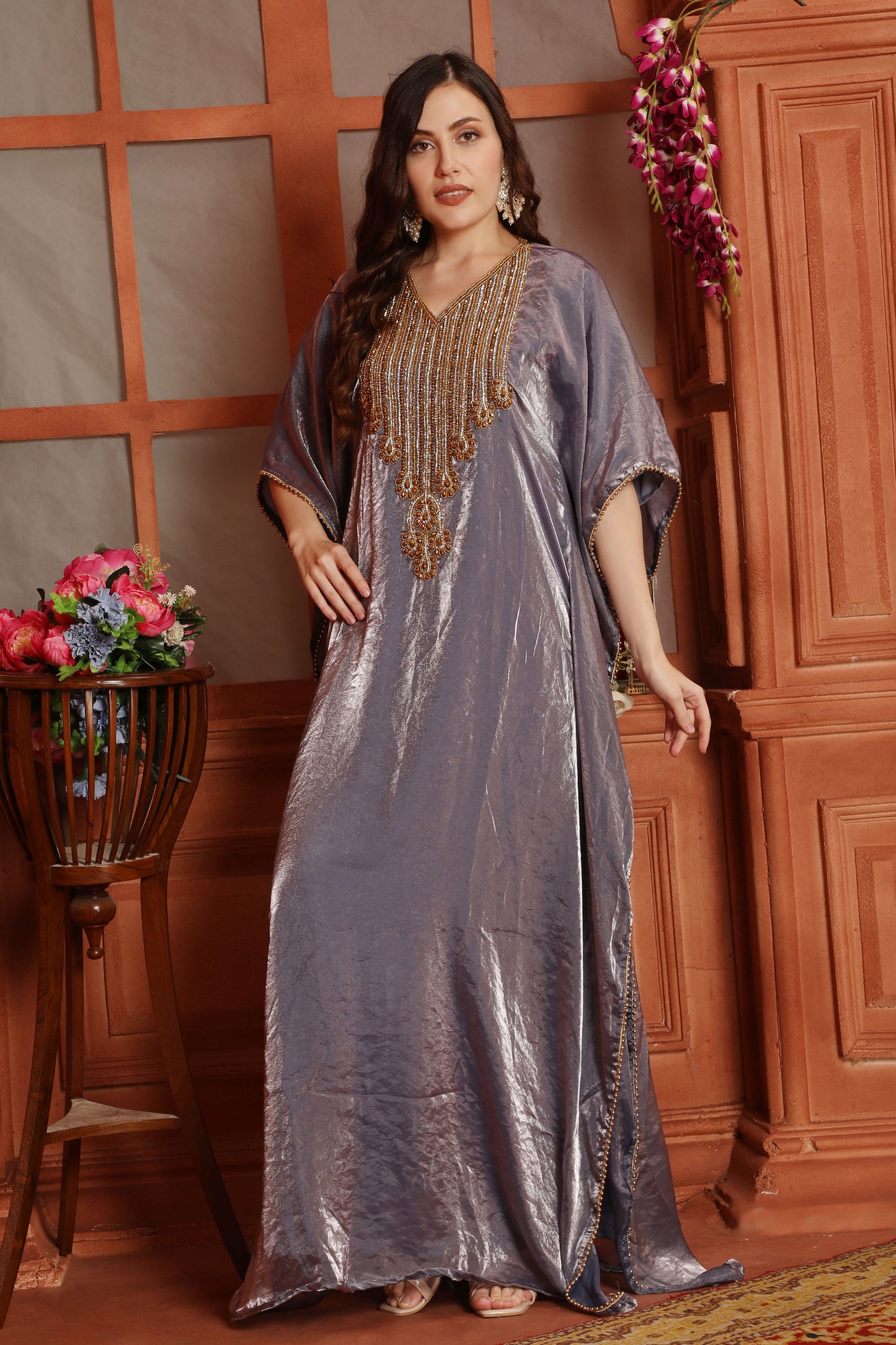 Metallic Purple Kaftan with Golden Beaded Embroidery – Luxury Designer Fendi Organza Dress