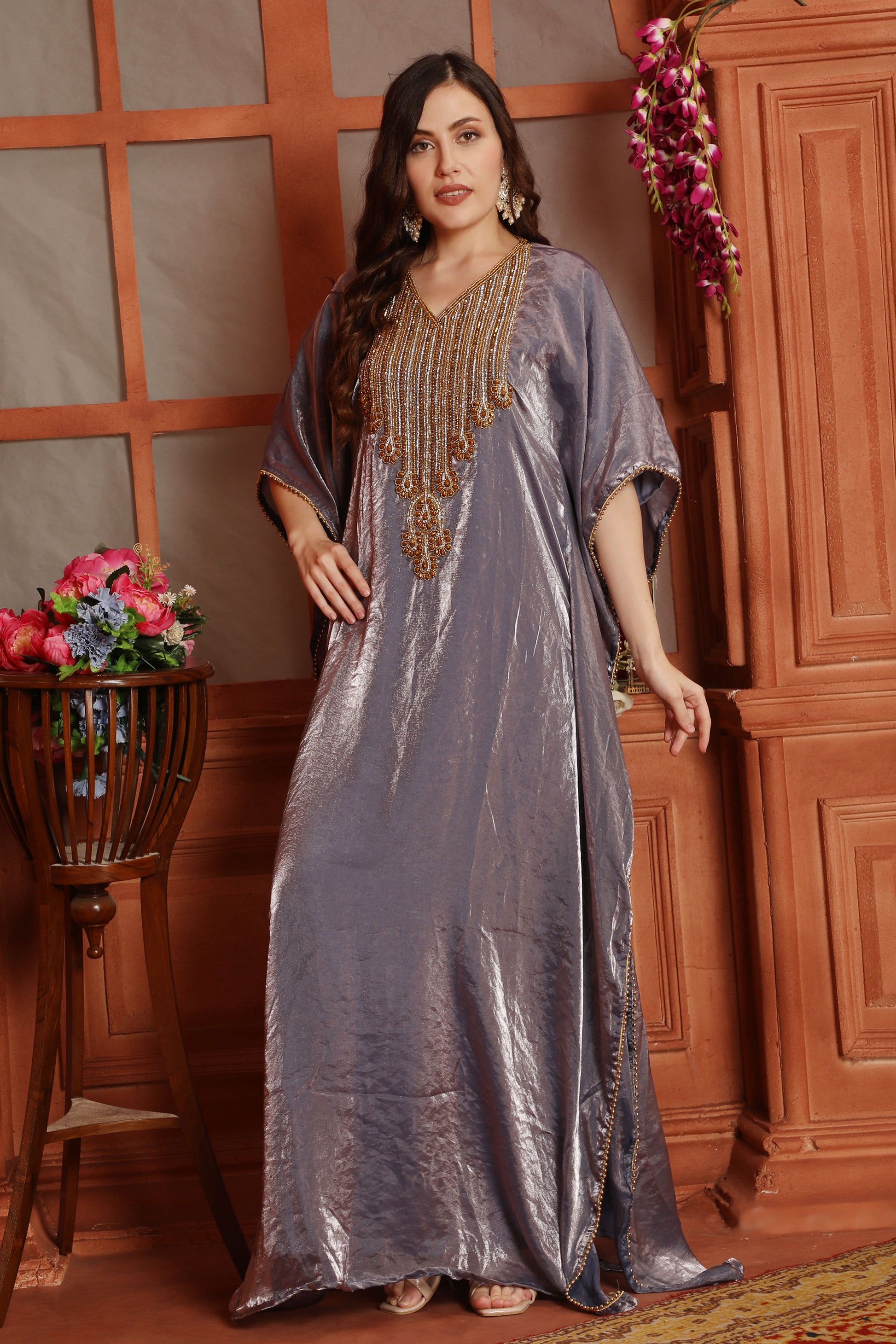 Metallic Purple Kaftan with Golden Beaded Embroidery – Luxury Designer Fendi Organza Dress