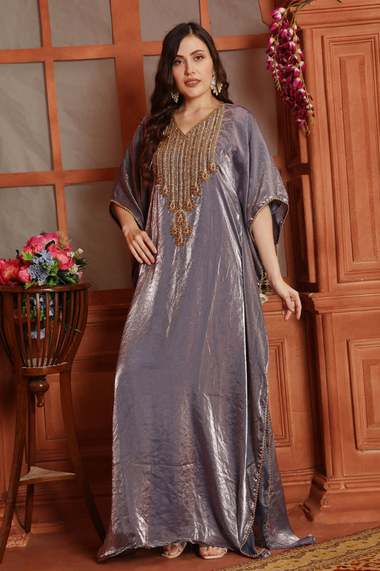 Metallic Purple Kaftan with Golden Beaded Embroidery – Luxury Designer Fendi Organza Dress