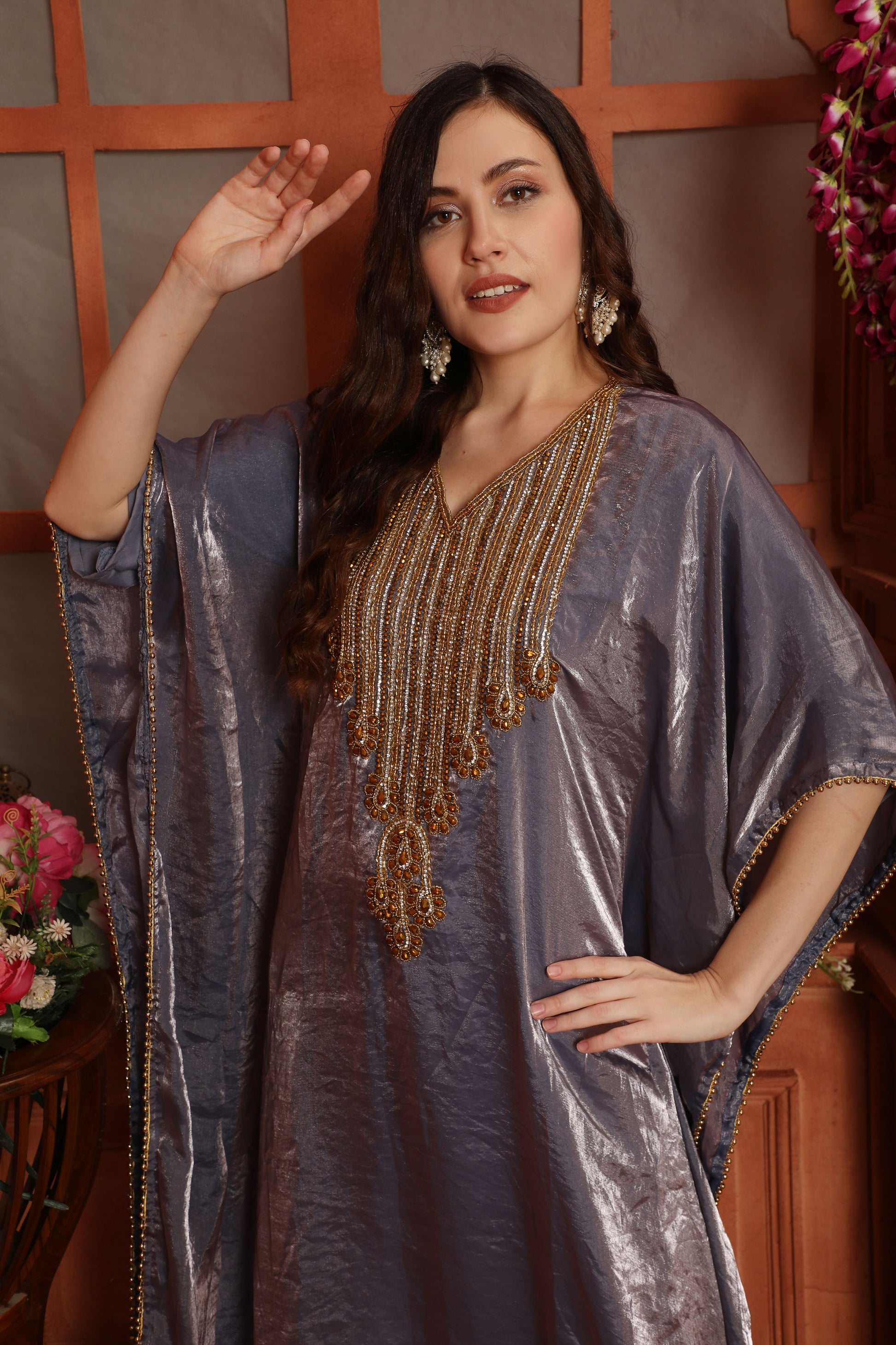 Stylish Metallic Purple Fendi Organza Kaftan with Golden Embellished Embroidery – Festive Wear