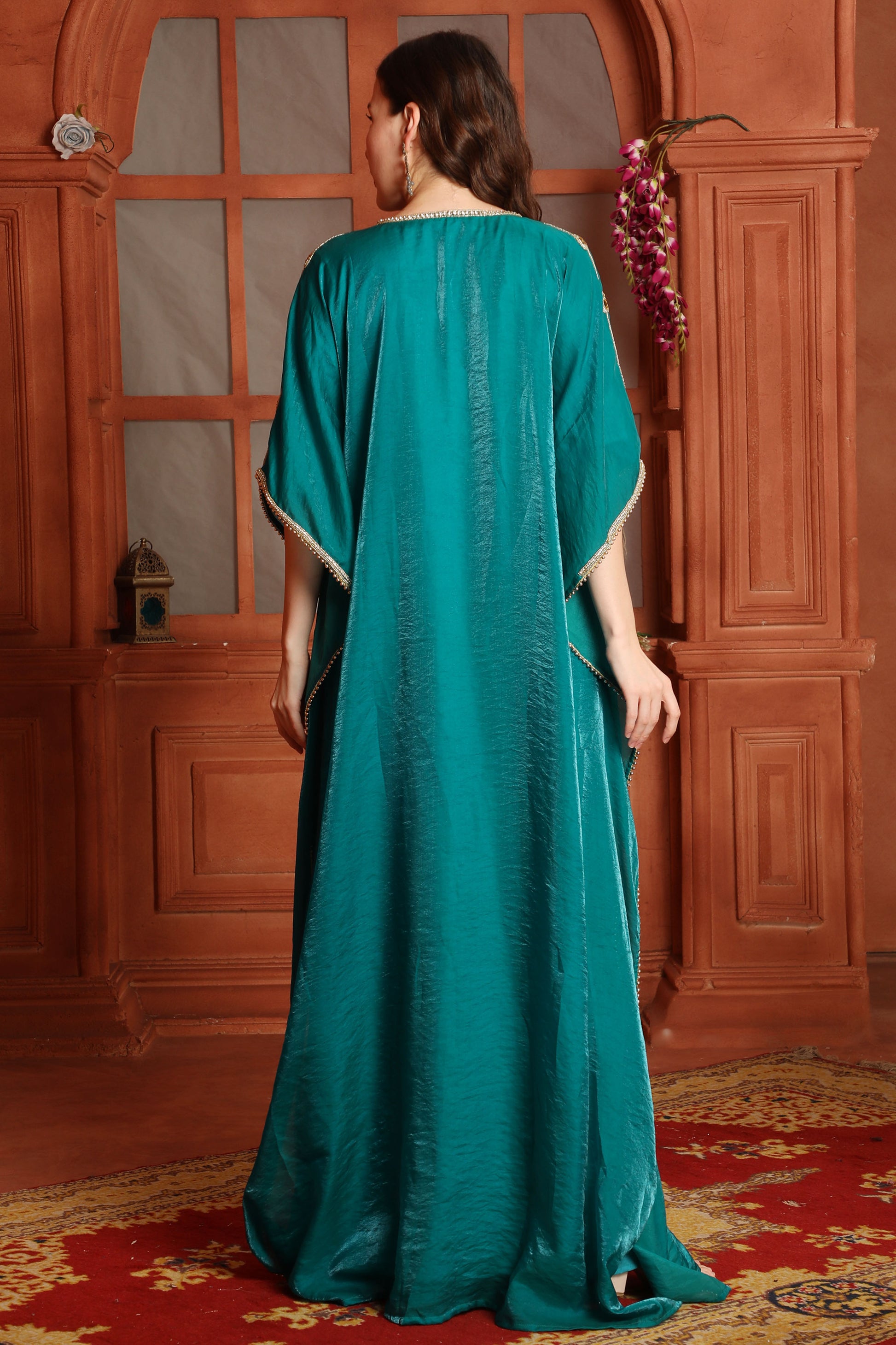 Elegant Green Fendi Organza Kaftan with Silver Embroidery – Stylish Party Wear