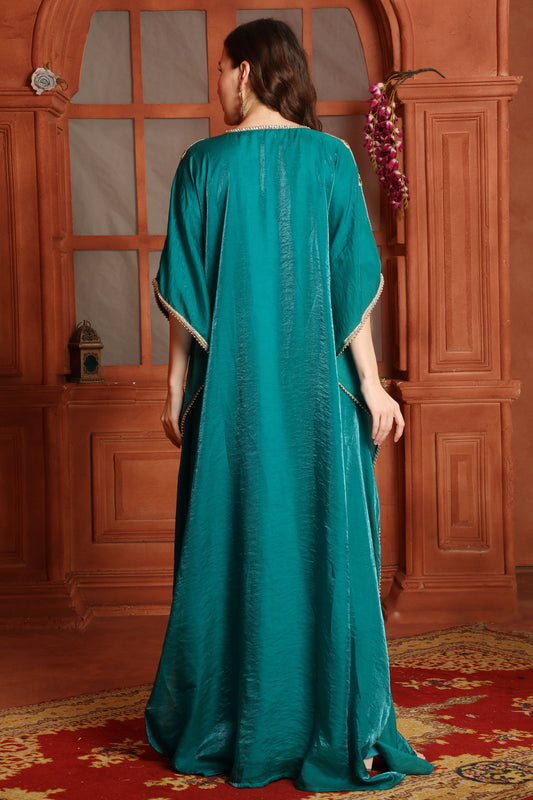 Elegant Green Fendi Organza Kaftan with Silver Embroidery – Stylish Party Wear