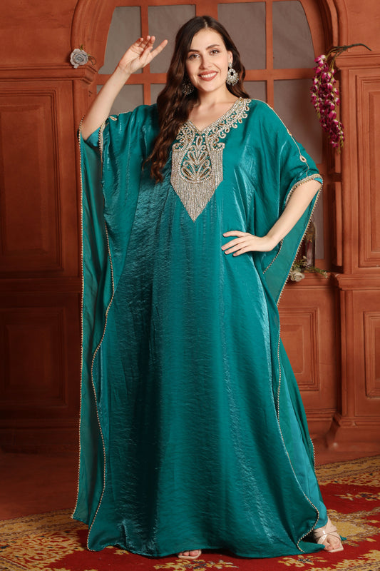 Designer Green Kaftan with Silver Embroidery – Luxury Fendi Organza Dress for Women
