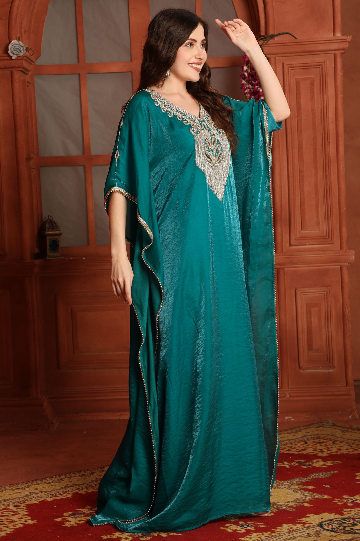 Luxury Green Kaftan with Silver Embroidery – Premium Fendi Organza Ethnic Outfit
