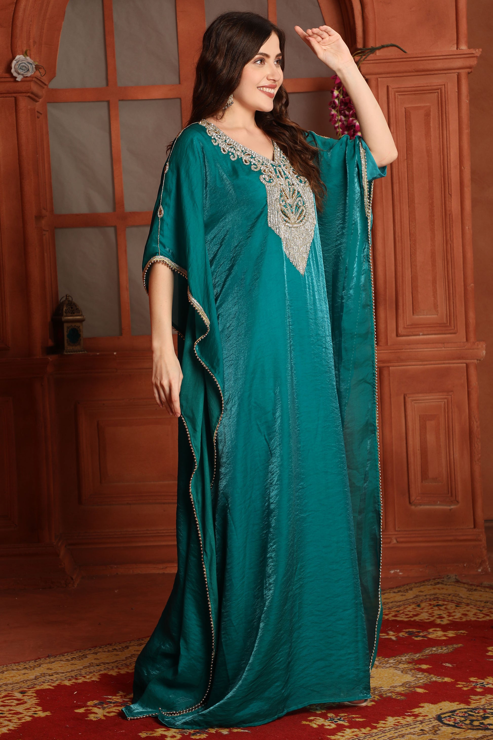 Luxury Green Kaftan with Silver Embroidery – Premium Fendi Organza Ethnic Outfit