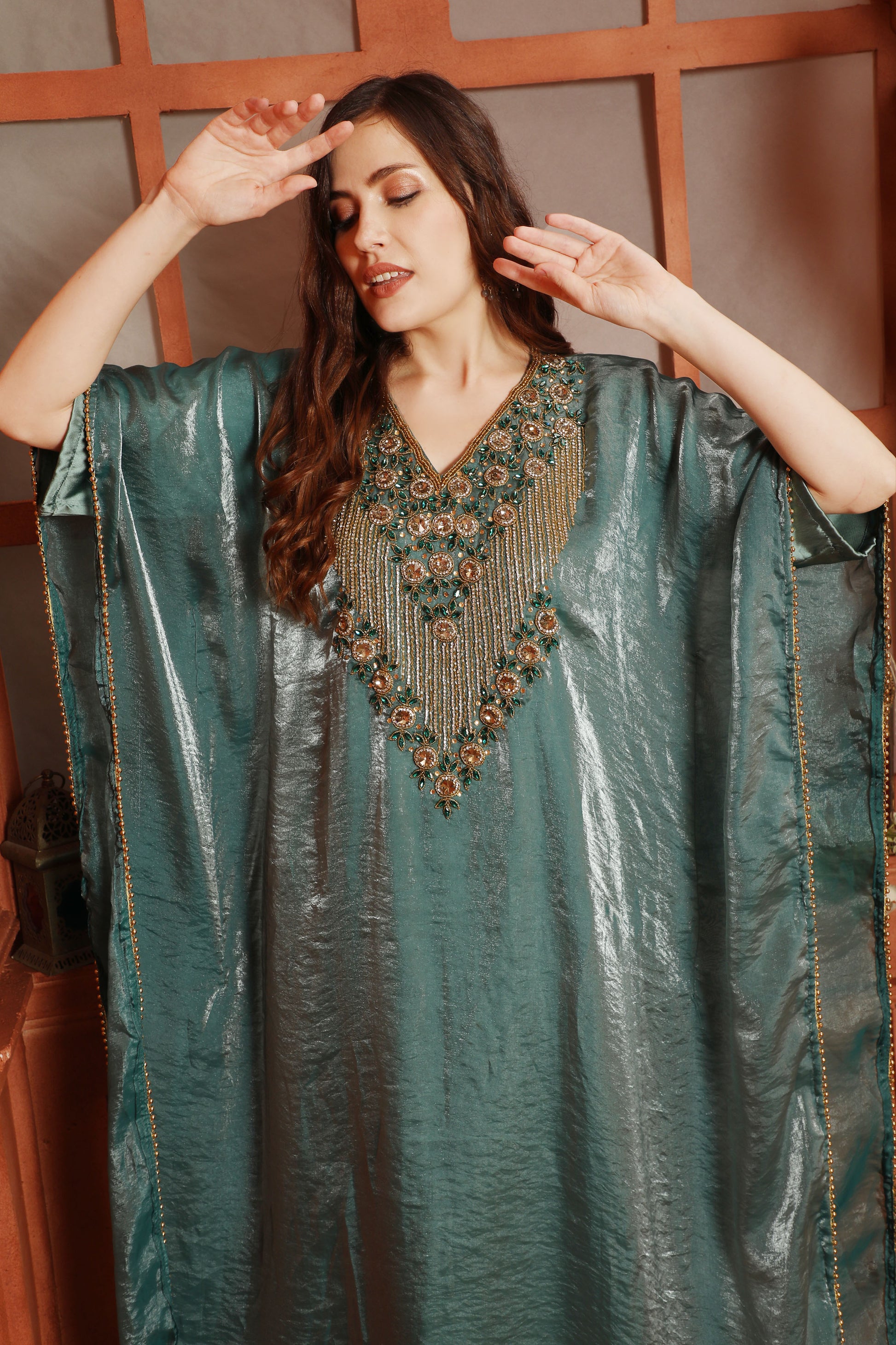 Luxury Sea Blue Fendi Organza Kaftan – Stylish Party Wear Dress with Elegant Design
