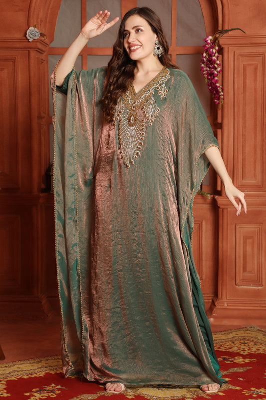 Luxury Designer Light Brown Embellished Kaftan for Women in Premium Fendi Organza
