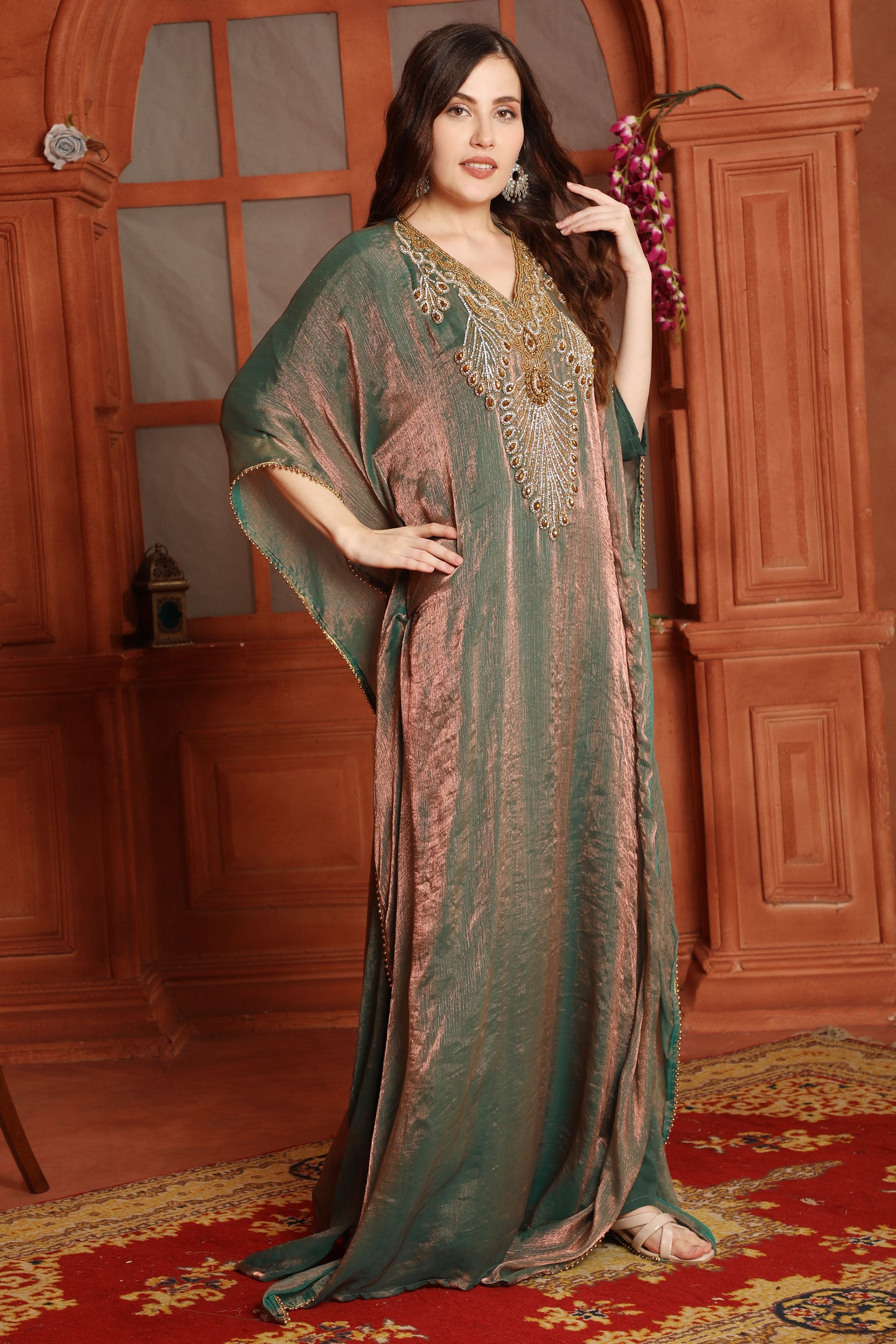 Elegant Light Brown Embellished Kaftan – Luxury Designer Fendi Organza Dress