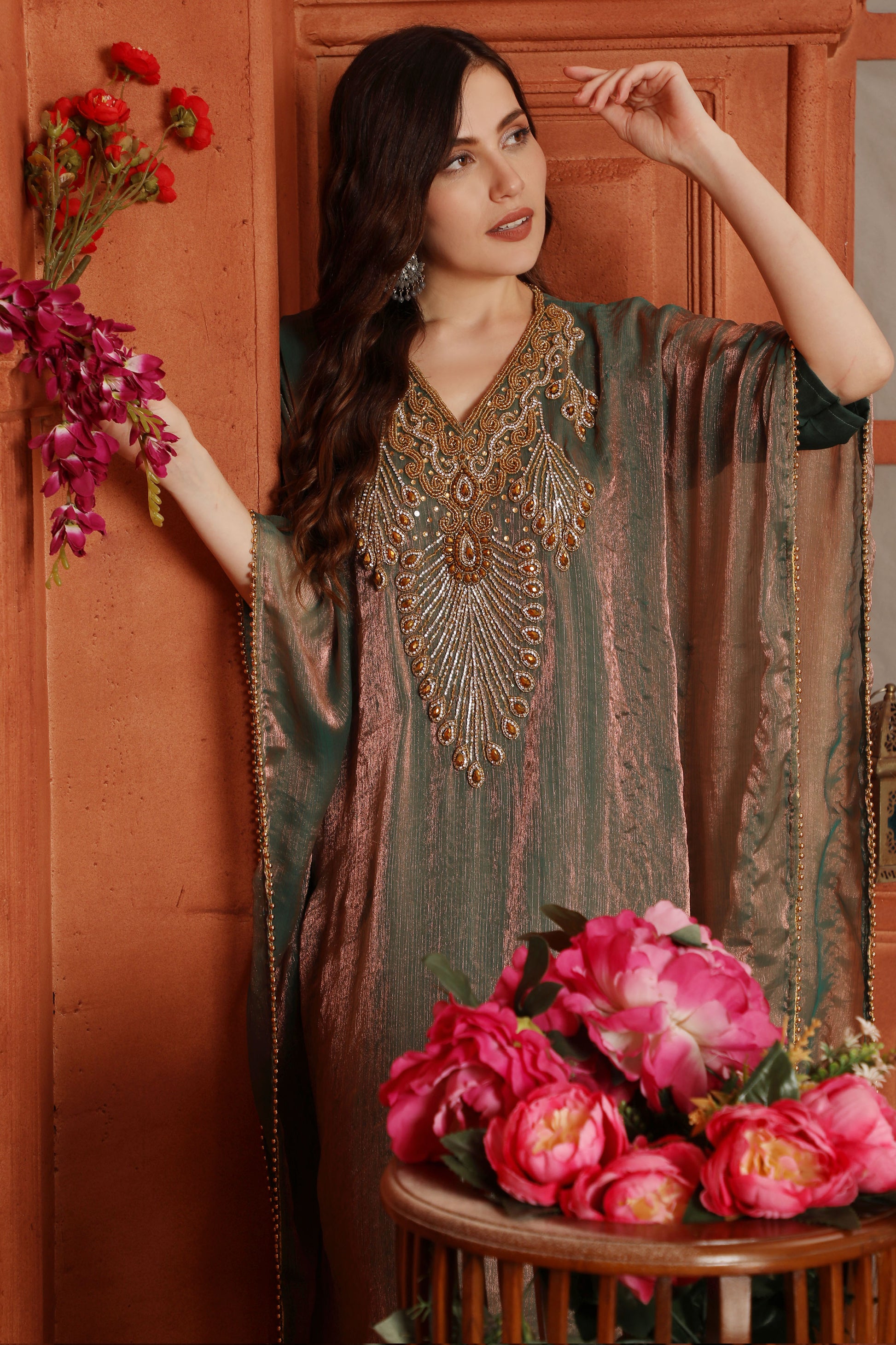 Designer Light Brown Kaftan with Embellishments – Elegant Fendi Organza Party Wear