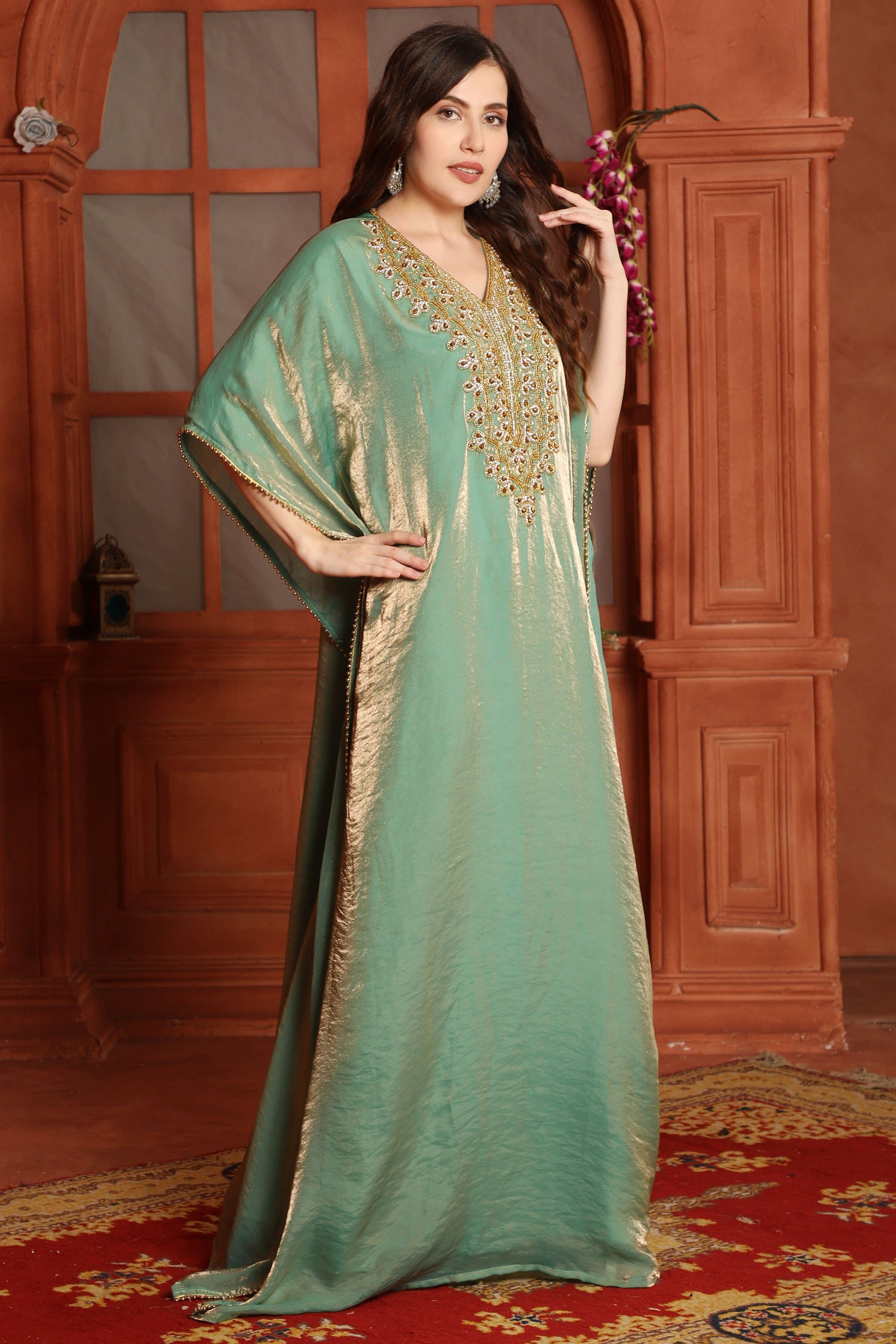 Luxury Designer Green Embroidered Kaftan for Women in Premium Fendi Organza Fabric