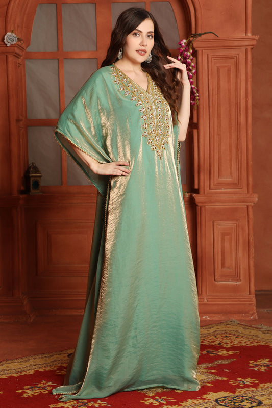 Luxury Designer Green Embroidered Kaftan for Women in Premium Fendi Organza Fabric