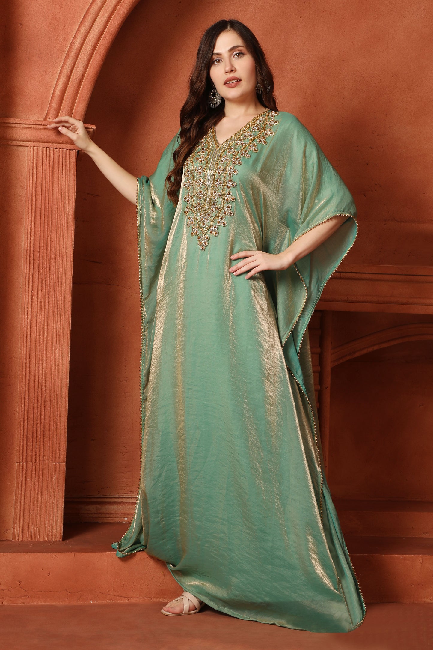 Women’s Green Embroidered Kaftan in Soft Fendi Organza – Modest Full-Length Outfit