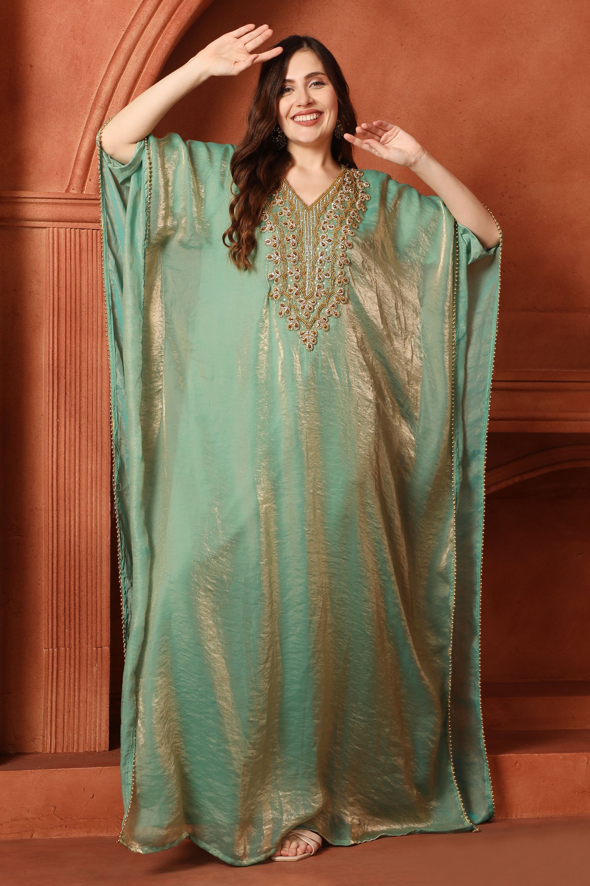 Designer Green Kaftan with Intricate Embroidery – Luxury Fendi Organza Party Wear