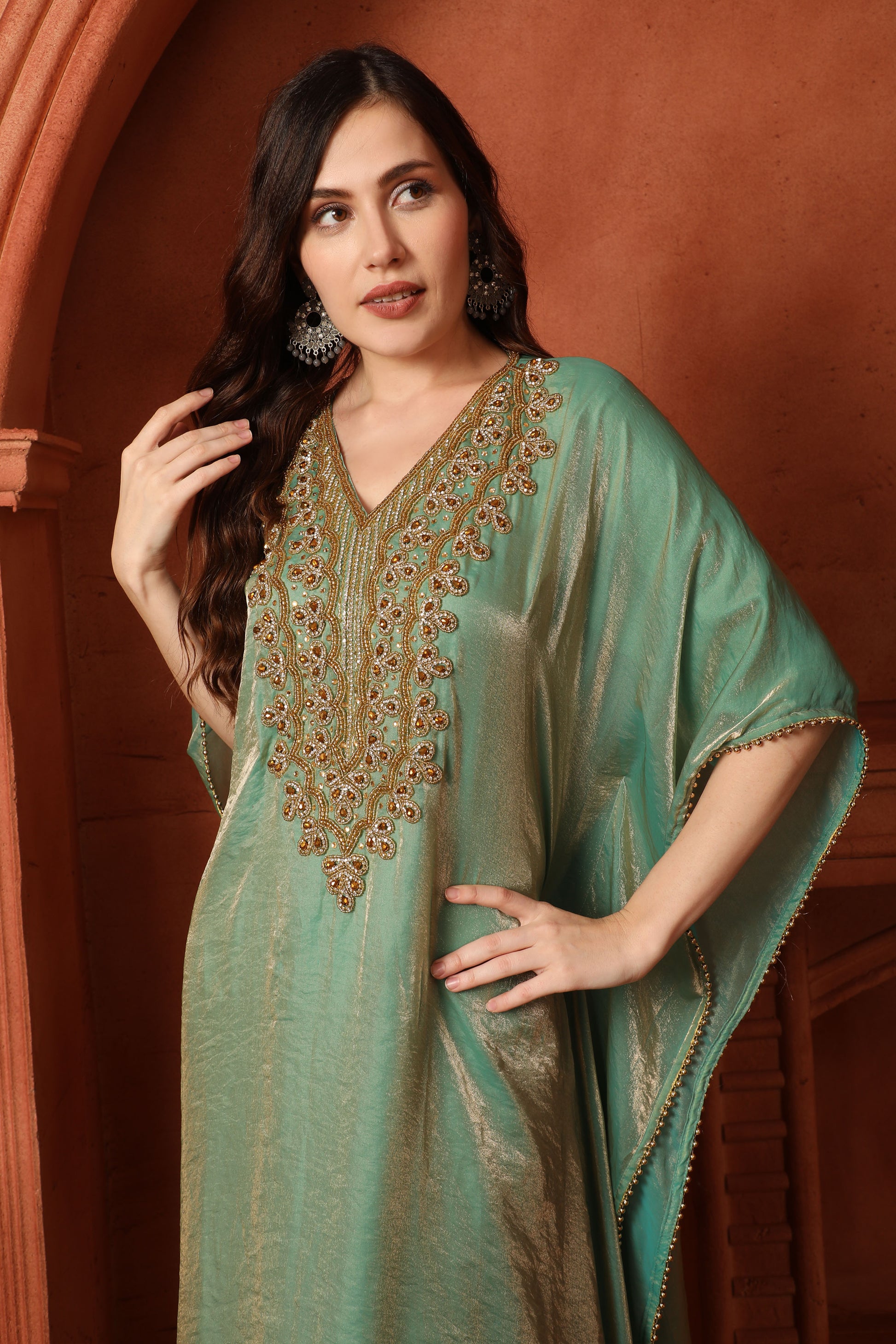 Stylish Luxury Green Embroidered Kaftan – Comfortable and Elegant Fendi Organza Dress