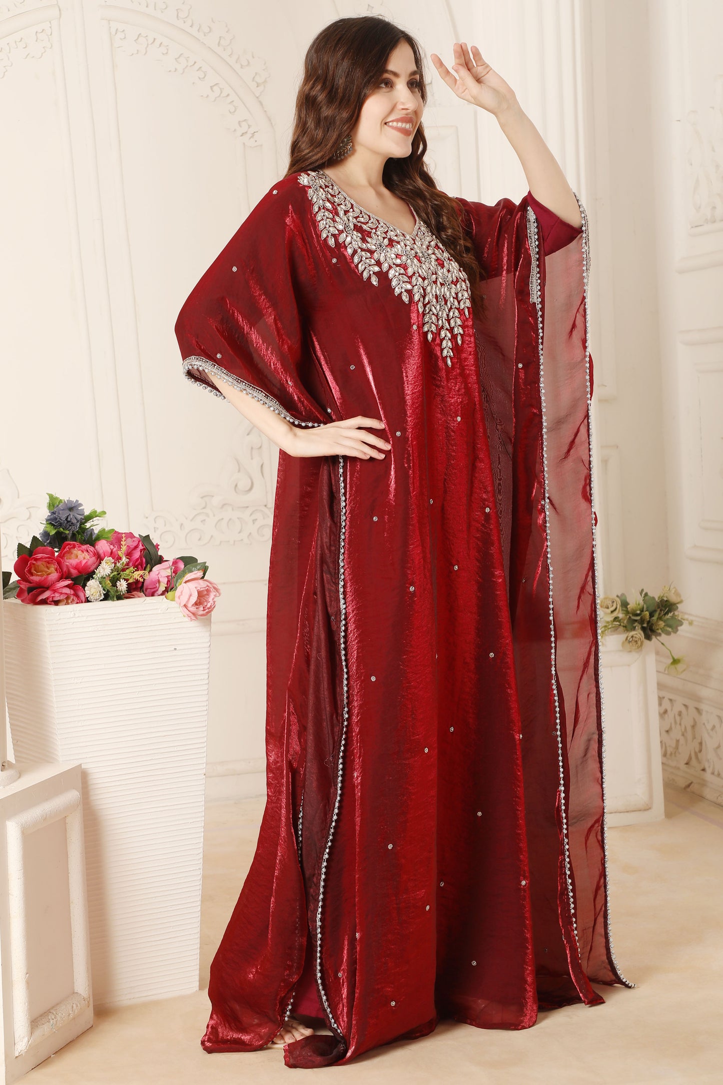Elegant Maroon Embroidered Kaftan – Luxury Designer Organza Dress for Women
