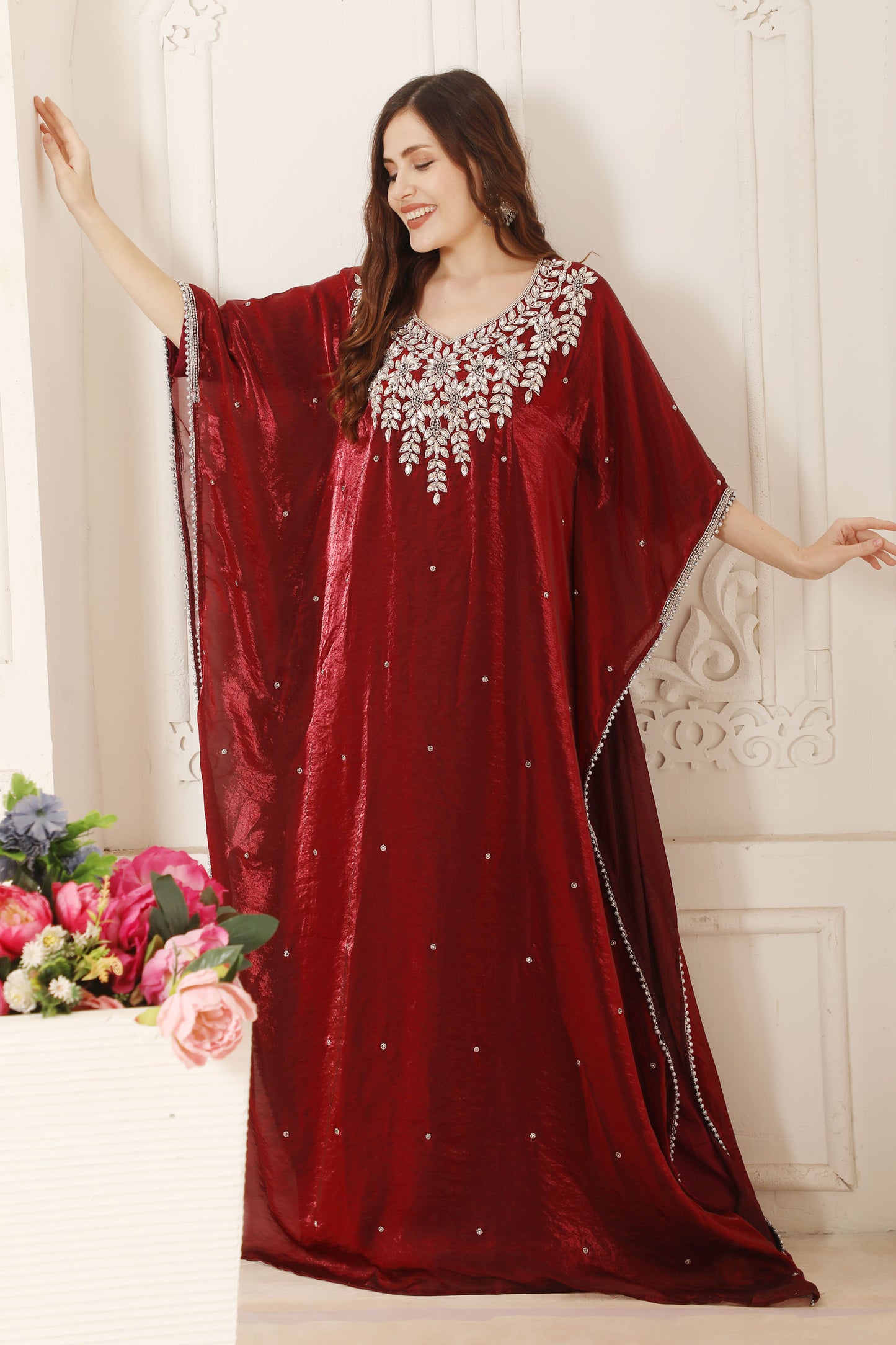Women’s Maroon Fendi Organza Embroidered Kaftan – Modest Full-Length Outfit