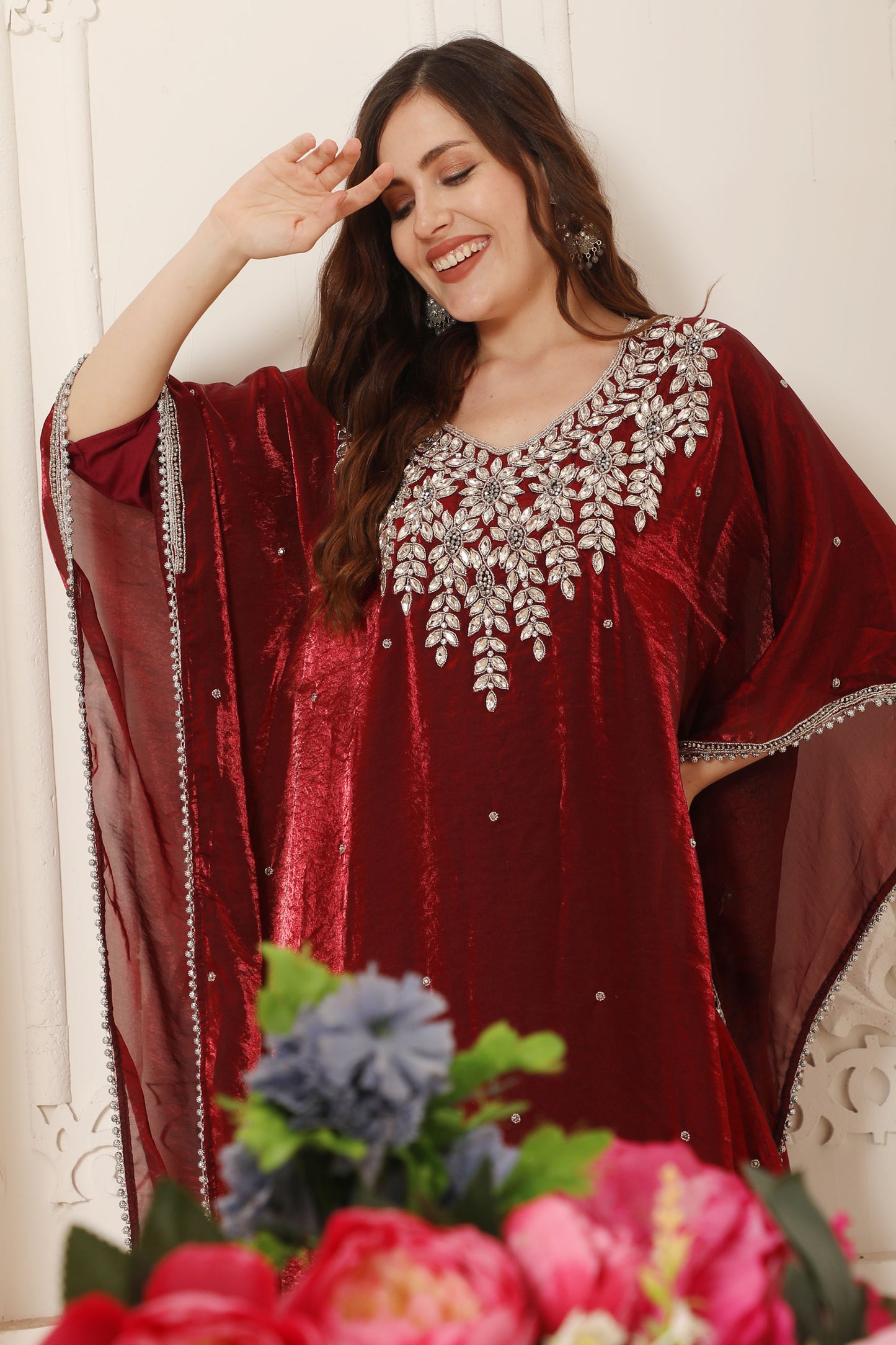 Stylish Maroon Organza Embroidered Kaftan – Comfortable and Elegant Luxury Wear