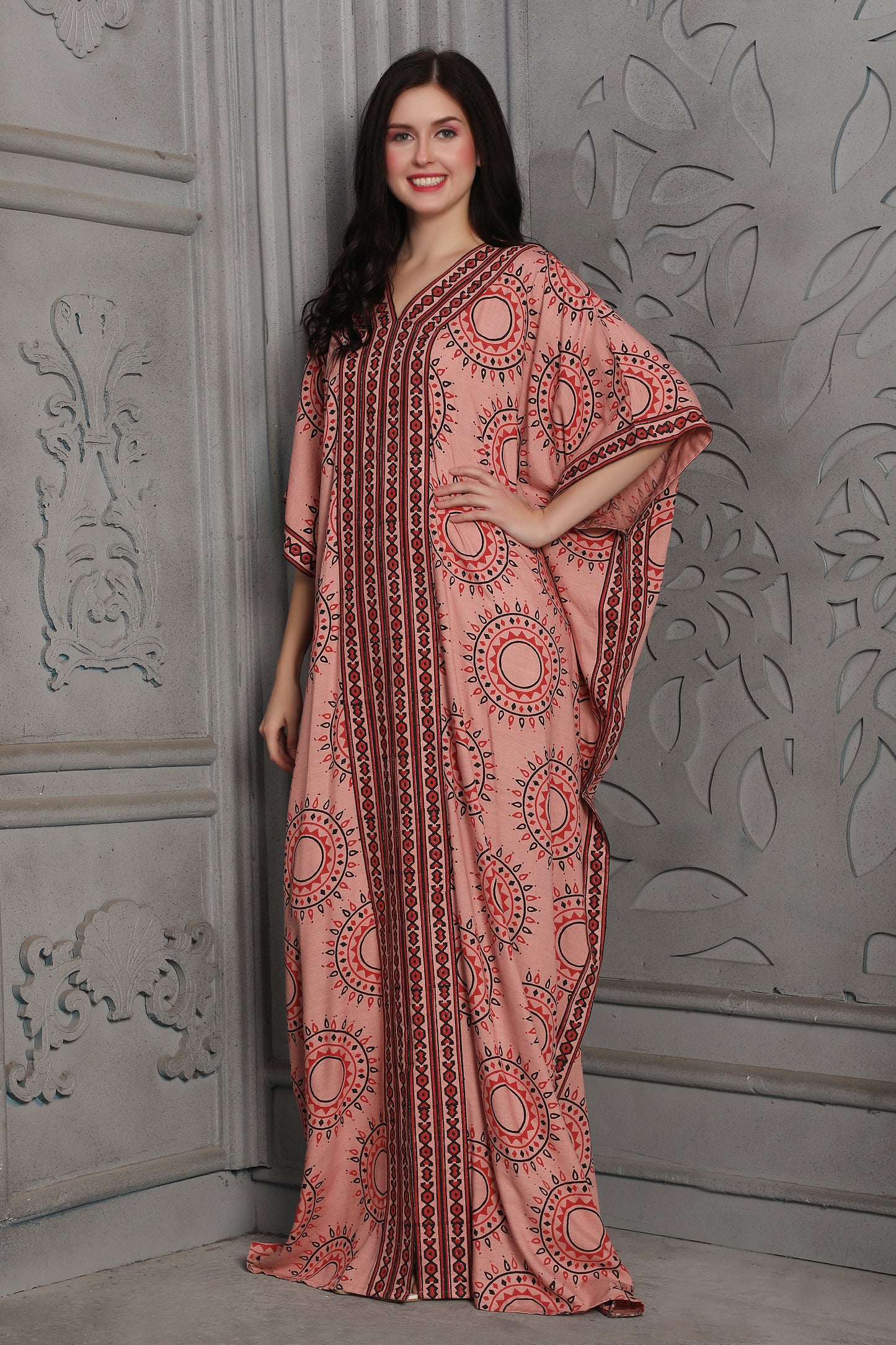 Peach Printed Kaftan Dress with Ethnic Pattern Detailing