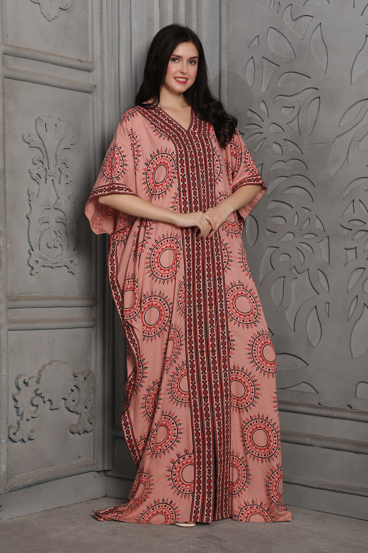 Peach Printed Kaftan Dress with Ethnic Pattern Detailing
