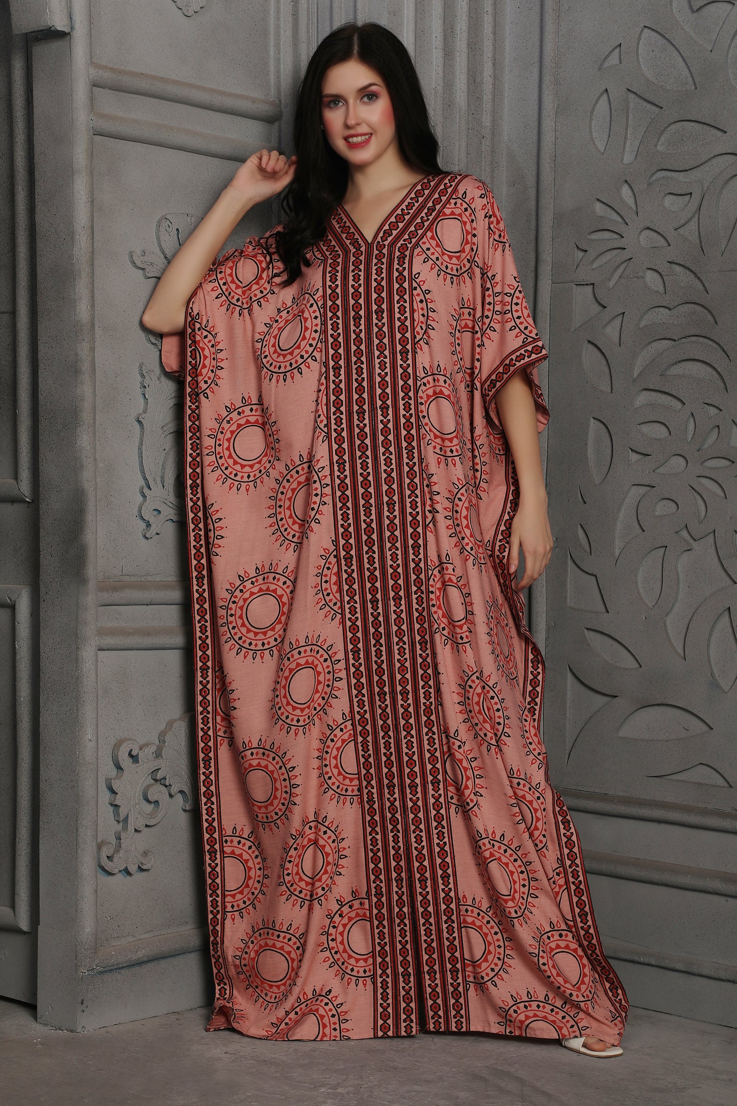 Peach Printed Kaftan Dress with Ethnic Pattern Detailing