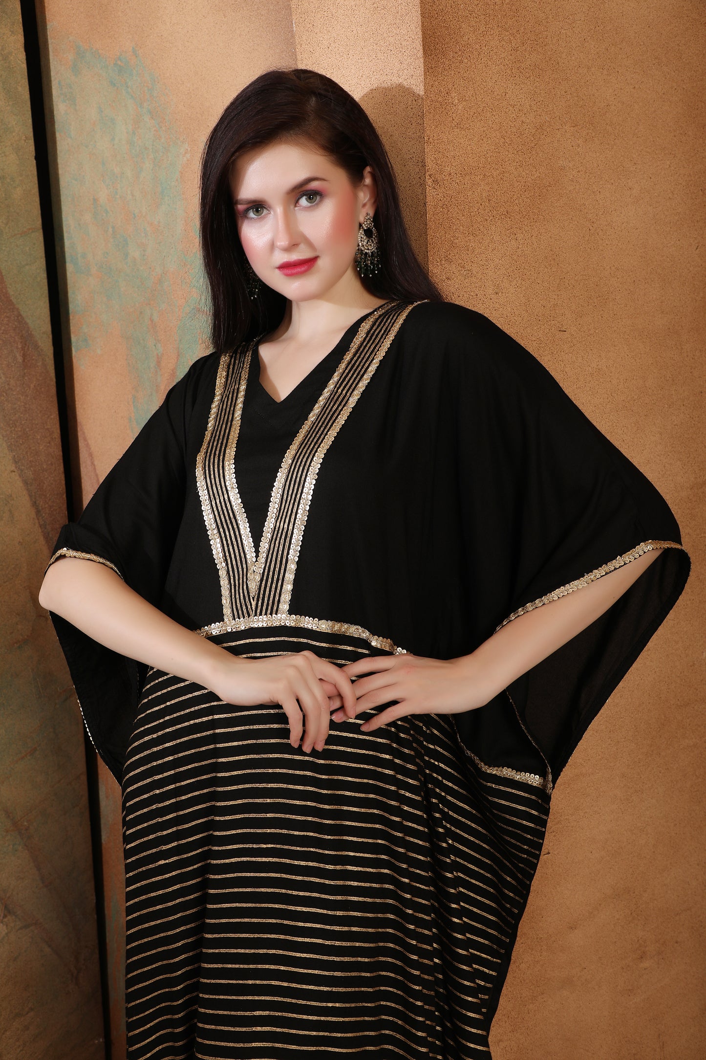 Luxury Black Festive Kaftan with Metallic Gold Lines