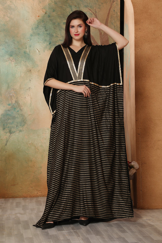 Luxury Black Festive Kaftan with Metallic Gold Lines