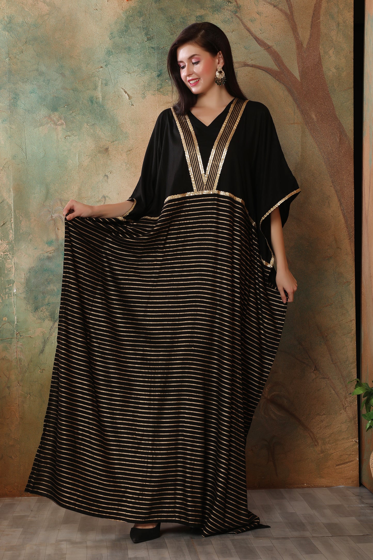Luxury Black Festive Kaftan with Metallic Gold Lines