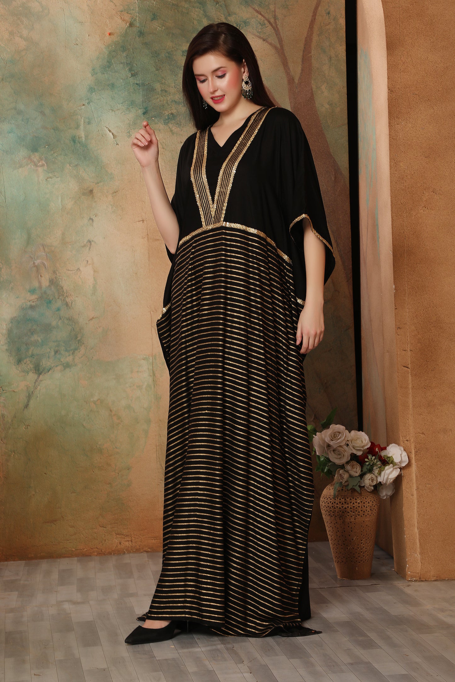Luxury Black Festive Kaftan with Metallic Gold Lines