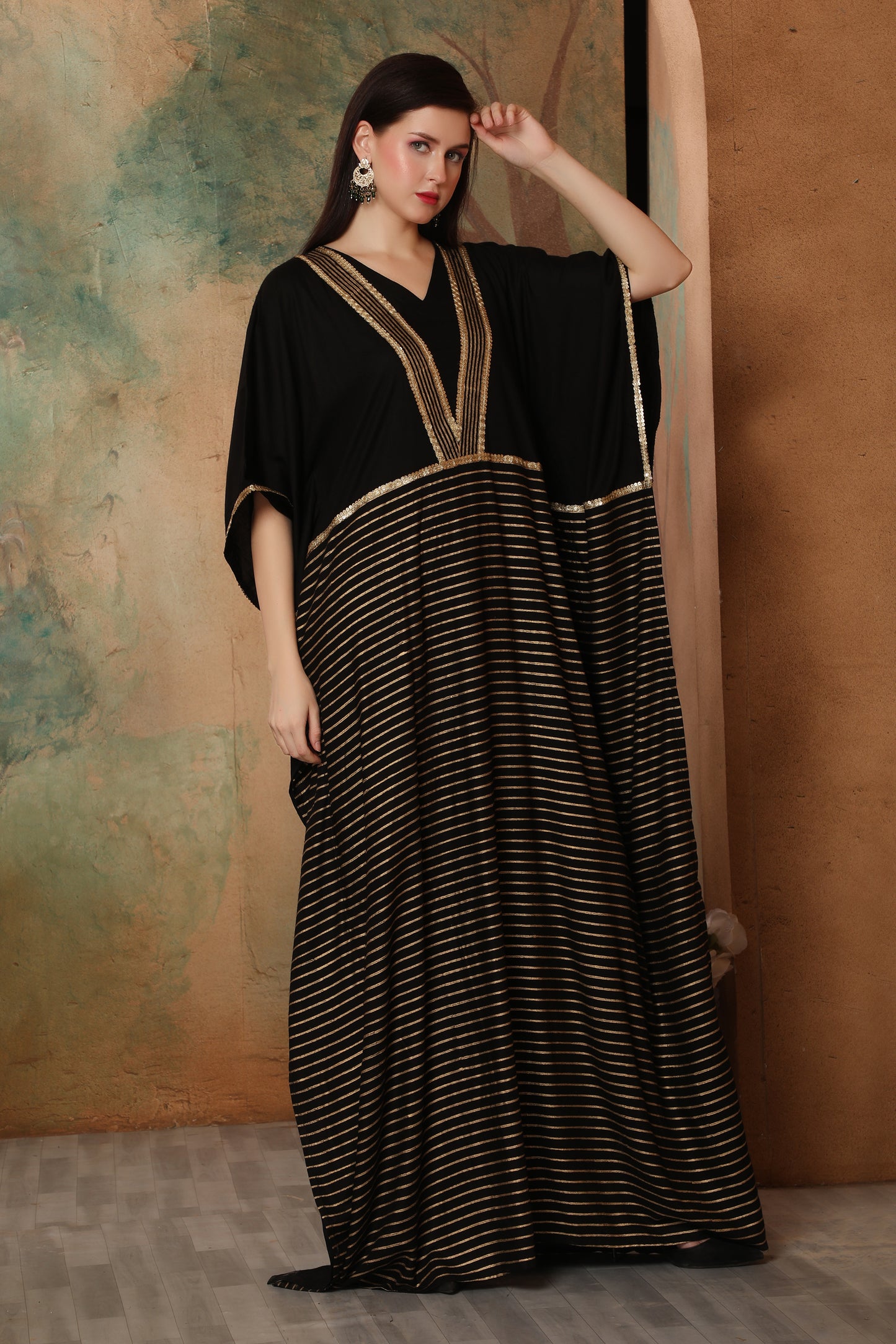 Luxury Black Festive Kaftan with Metallic Gold Lines