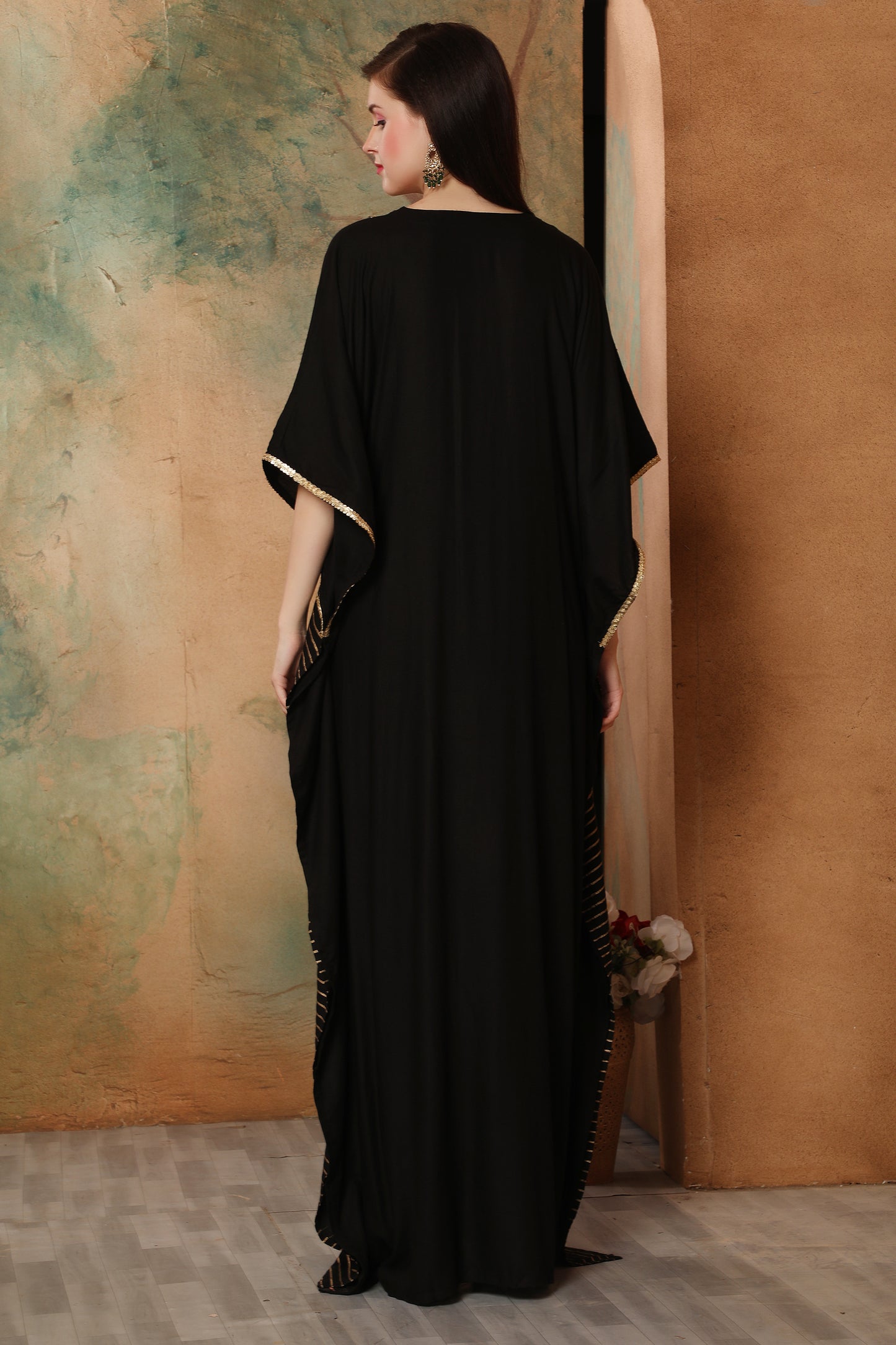 Luxury Black Festive Kaftan with Metallic Gold Lines