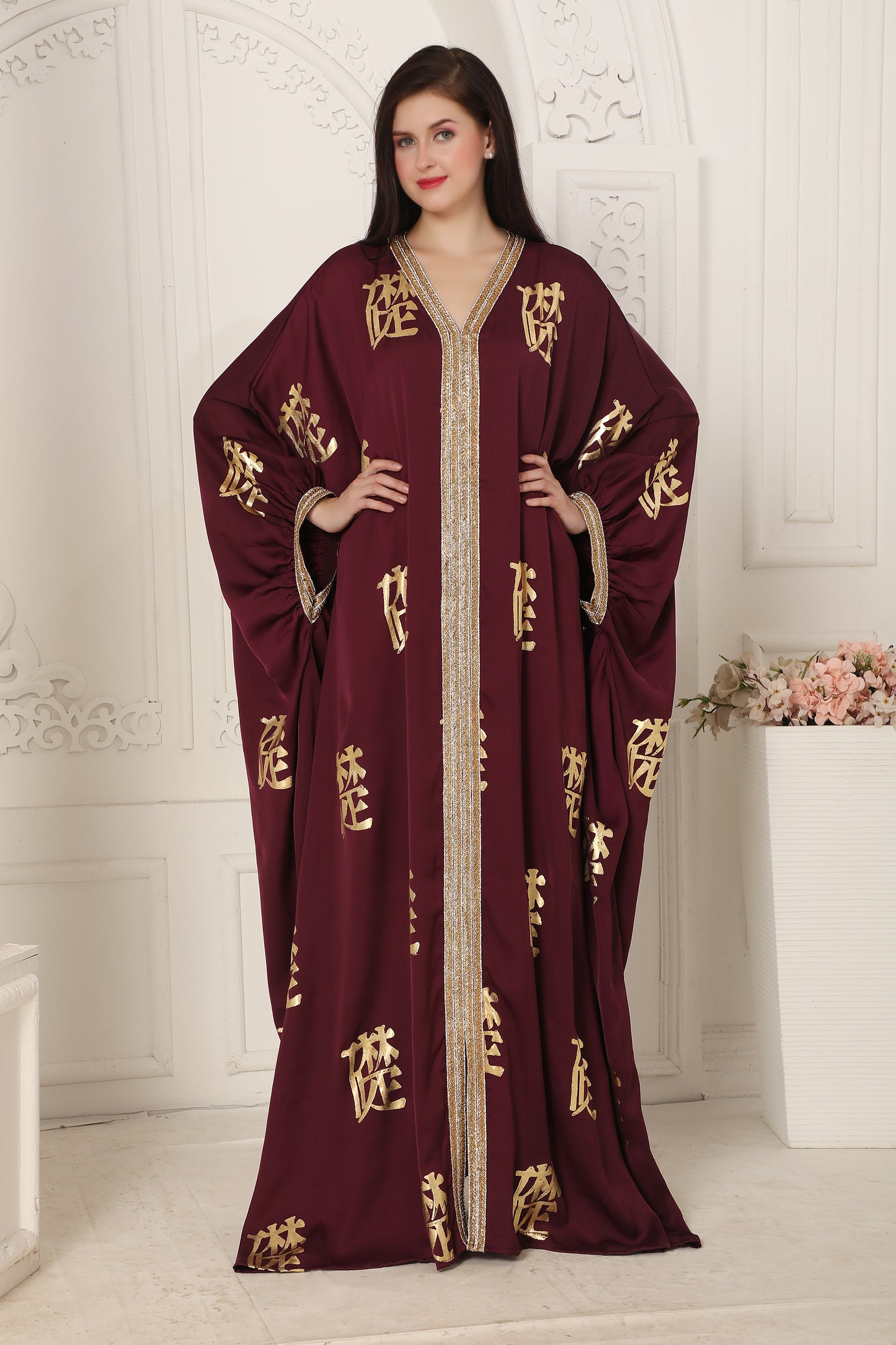Royal Maroon Kaftan Dress with Gold Foil Print & Embellished Neckline