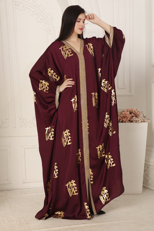 Royal Maroon Kaftan Dress with Gold Foil Print & Embellished Neckline