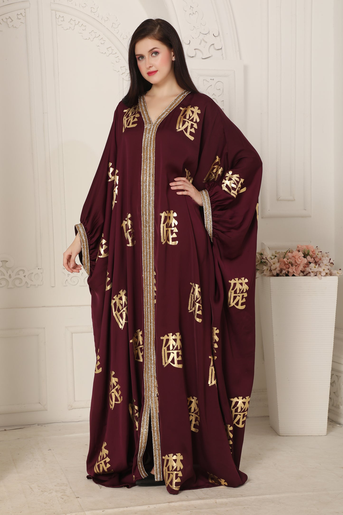 Royal Maroon Kaftan Dress with Gold Foil Print & Embellished Neckline