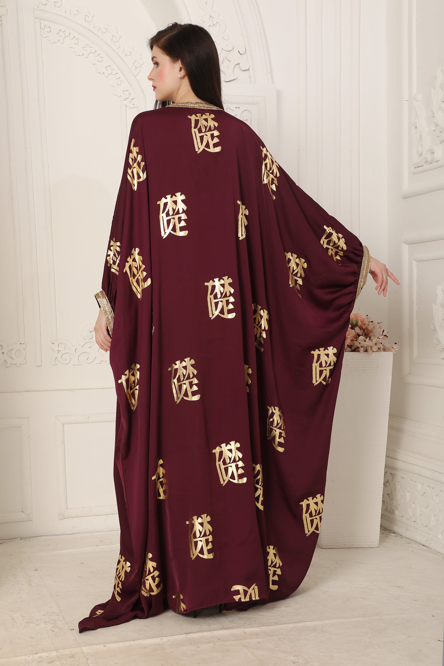 Royal Maroon Kaftan Dress with Gold Foil Print & Embellished Neckline