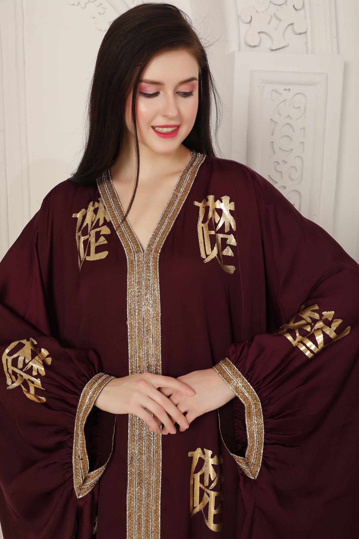 Royal Maroon Kaftan Dress with Gold Foil Print & Embellished Neckline