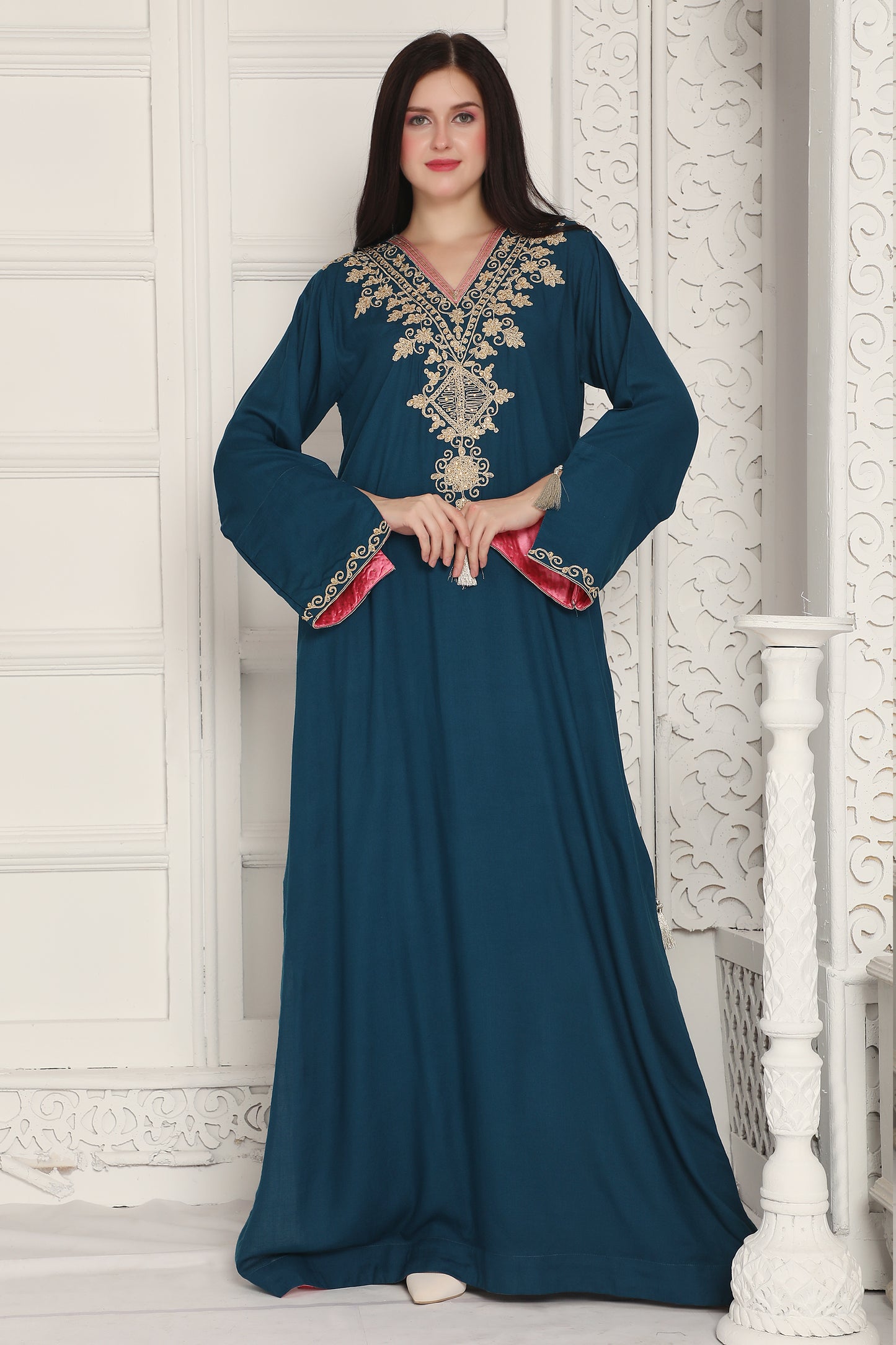 Teal Blue Embroidered Gown with Tassel Neck Detailing
