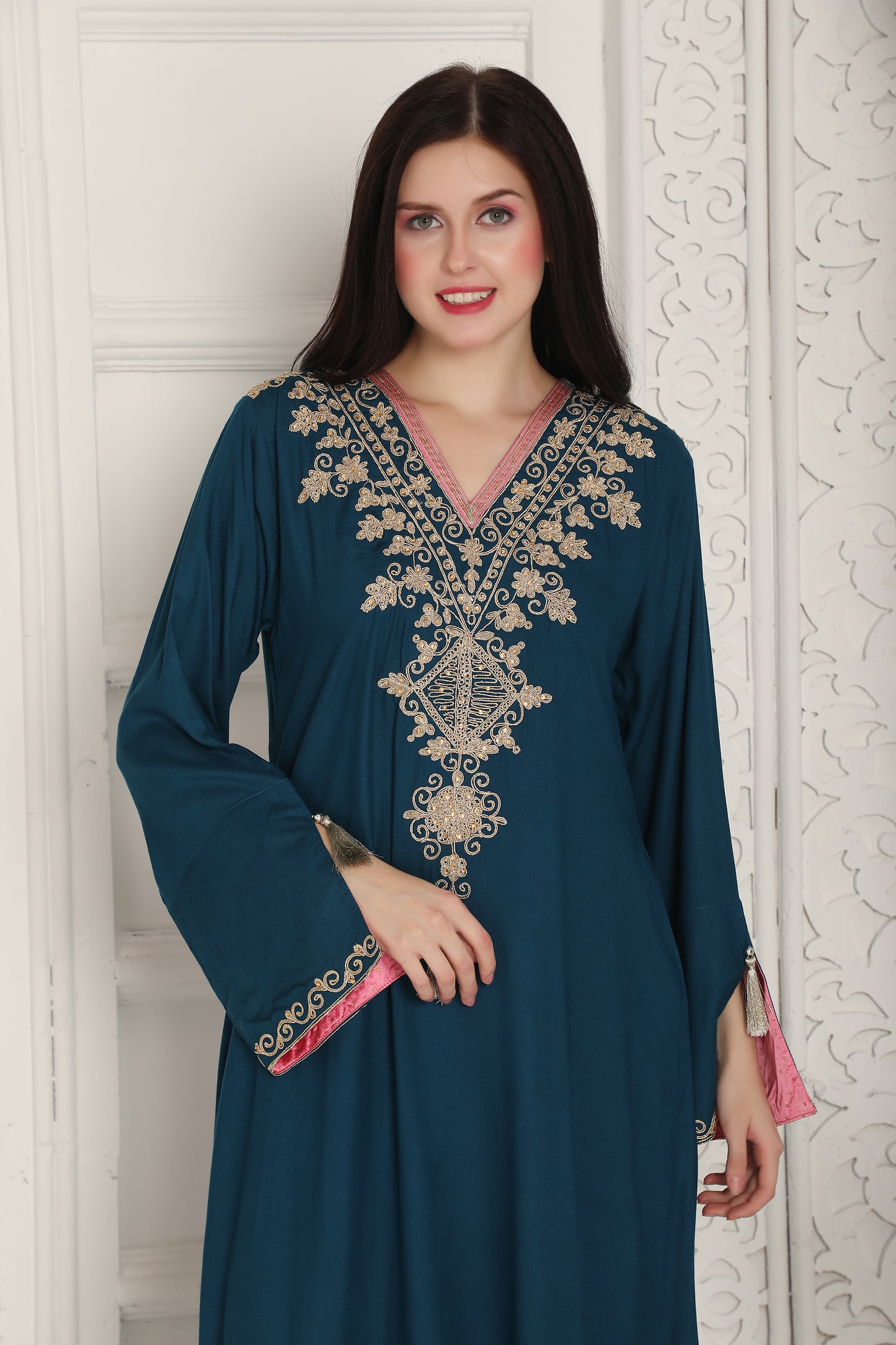 Teal Blue Embroidered Gown with Tassel Neck Detailing