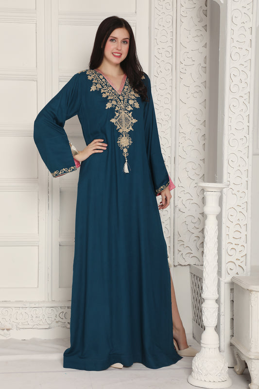 Teal Blue Embroidered Gown with Tassel Neck Detailing