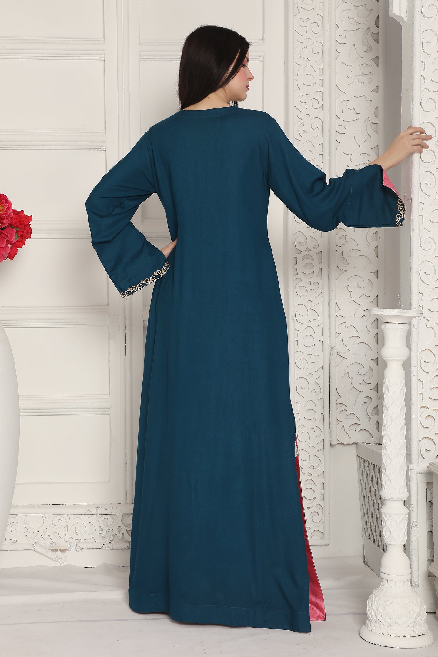 Teal Blue Embroidered Gown with Tassel Neck Detailing