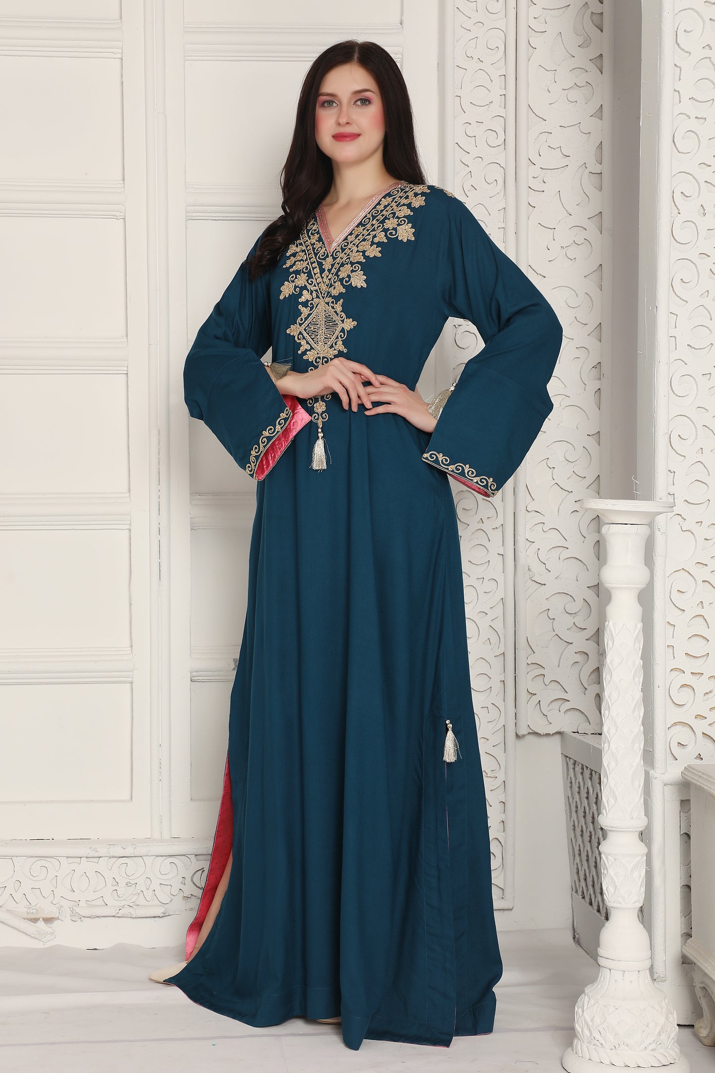 Teal Blue Embroidered Gown with Tassel Neck Detailing